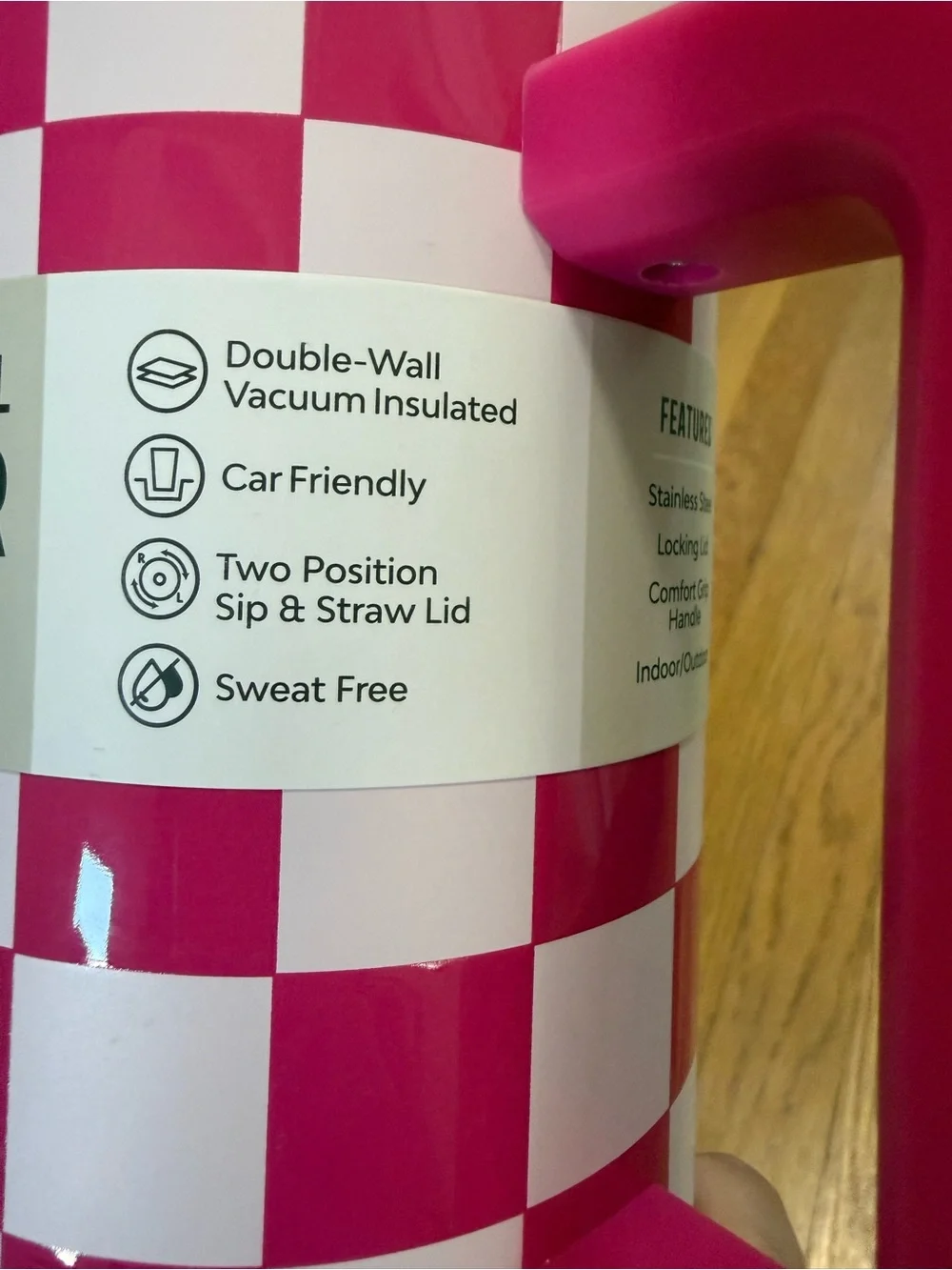 40 oz Pink Checkered Stainless Steel Tumbler with Handle and Straw
